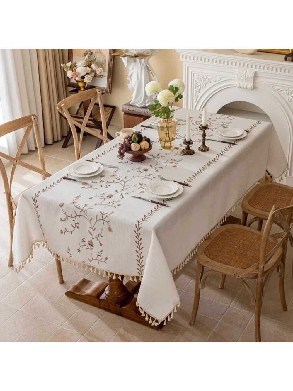 Waterproof Linen Tablecloth with Tassels, Rustic Floral Embroidery, 55